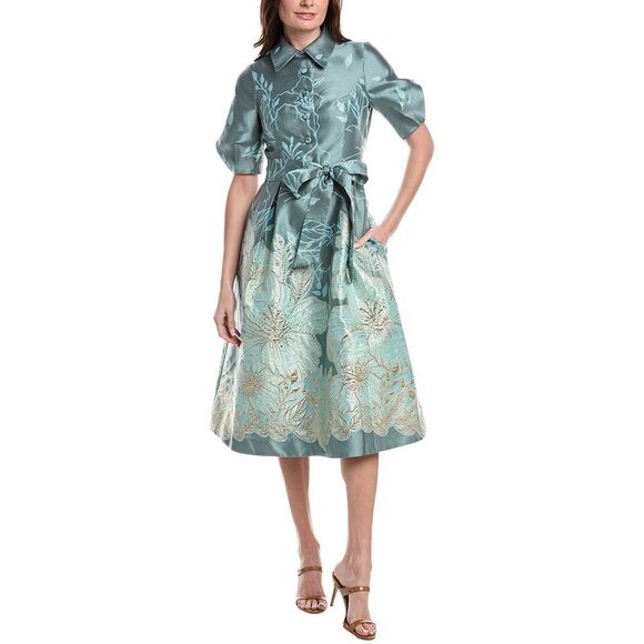 Teri Jon By Rickie Freeman WomensMetallic Jacquard Flower Border Print Puff